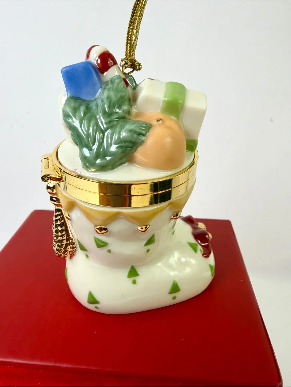 VTG Lenox Christmas Stocking Hinged Porcelain Trinket Box Ornament with/Box NOS